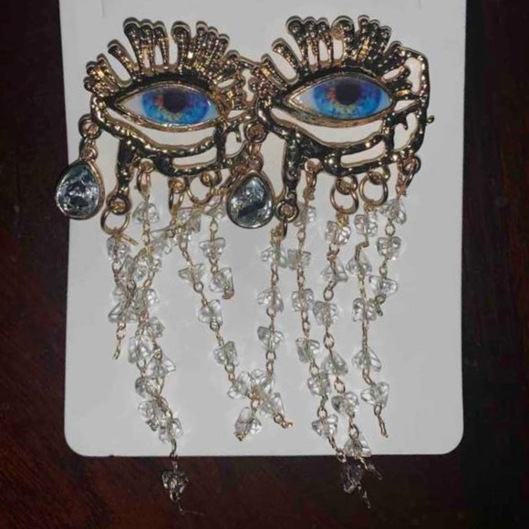 “Blue Eye Chandelier” Vivid Realism Cry Iris Tiered Crystal Tear Tassel Earrings - Picture 8 of 12